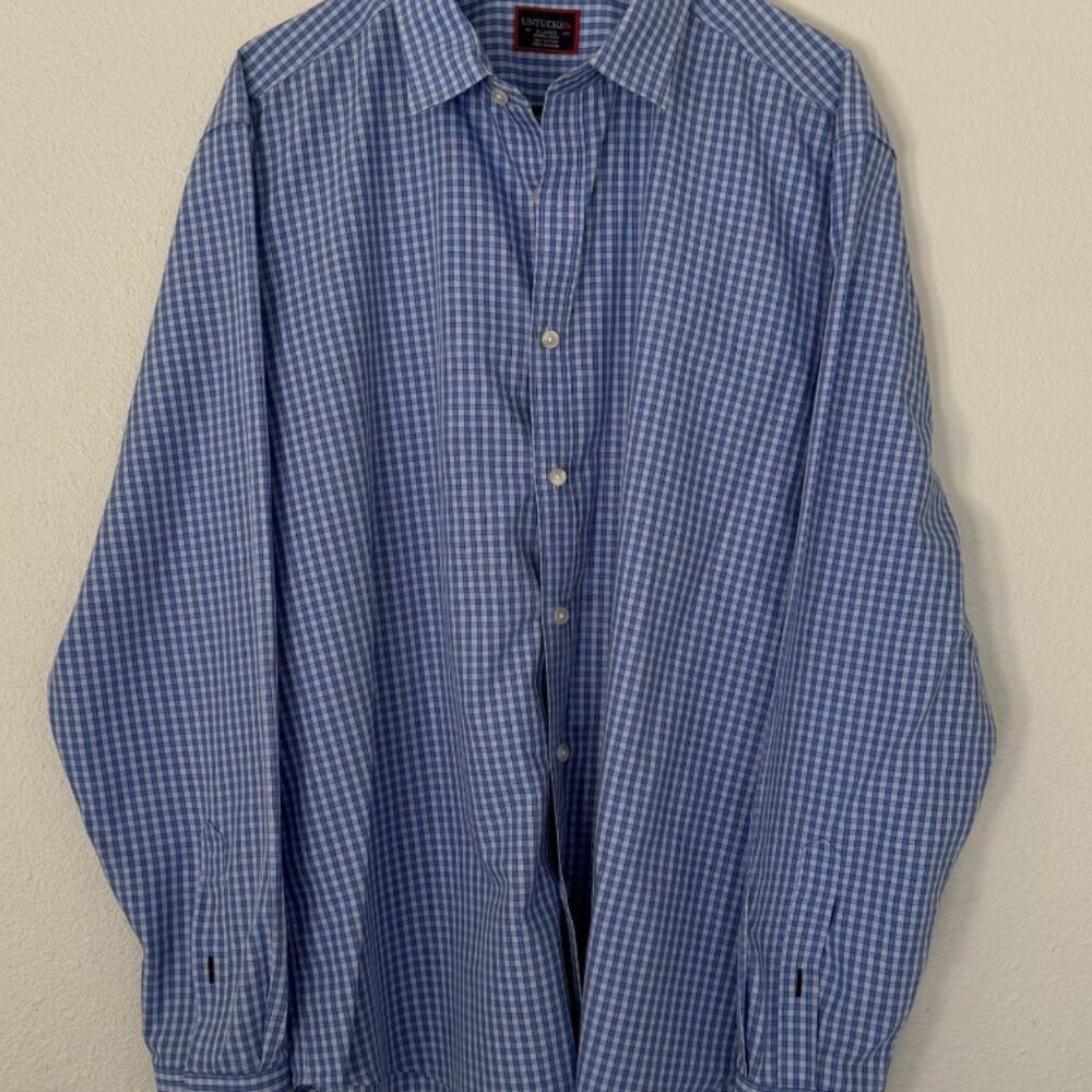 UNTUCKit Men's XL Wrinkle Free Gingham Plaid Blue Cotton Long Sleeve Dress Shirt